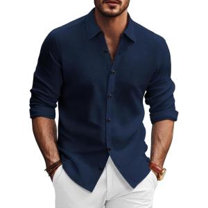 PJ PAUL JONES Mens Long Sleeve Button Down Shirts Wrinkle Free Stretch Untucked Dress Shirts Business Casual Shirt(Navy Blue)