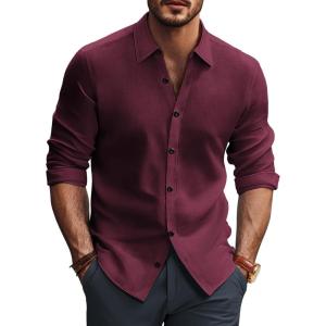 PJ PAUL JONES Mens Long Sleeve Button Down Shirts Wrinkle Free Stretch Untucked Dress Shirts Business Casual Shirt(Wine Red)