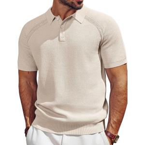 PJ PAUL JONES Men’s Polo Shirt Short Sleeve Textured Knit Button Shirts Raglan Sleeve Casual Golf Shirt(Beige)