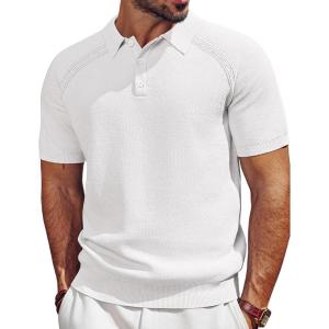 PJ PAUL JONES Men’s Polo Shirt Short Sleeve Textured Knit Button Shirts Raglan Sleeve Casual Golf Shirt(White)
