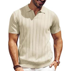 PJ PAUL JONES Men’s Polo Shirt V Neck Texture Shirt Short Sleeve Casual Knit Polos(Apricot)