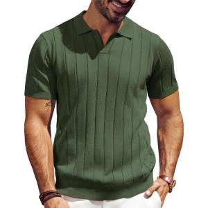 PJ PAUL JONES Men’s Polo Shirt V Neck Texture Shirt Short Sleeve Casual Knit Polos(Army Green)