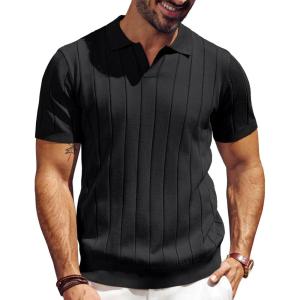 PJ PAUL JONES Men’s Polo Shirt V Neck Texture Shirt Short Sleeve Casual Knit Polos(Black)