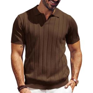 PJ PAUL JONES Men’s Polo Shirt V Neck Texture Shirt Short Sleeve Casual Knit Polos(Coffee)