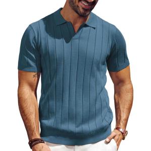 PJ PAUL JONES Men’s Polo Shirt V Neck Texture Shirt Short Sleeve Casual Knit Polos(Dark Blue)