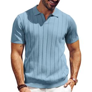 PJ PAUL JONES Men’s Polo Shirt V Neck Texture Shirt Short Sleeve Casual Knit Polos(Gray Blue)