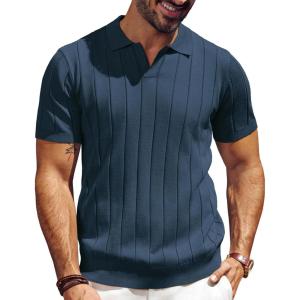 PJ PAUL JONES Men’s Polo Shirt V Neck Texture Shirt Short Sleeve Casual Knit Polos(Navy Blue)