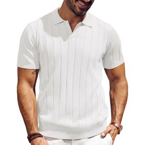 PJ PAUL JONES Men’s Polo Shirt V Neck Texture Shirt Short Sleeve Casual Knit Polos(White)