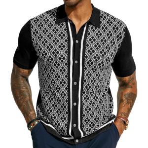 PJ PAUL JONES Men’s Polo Shirts 70s Vintage Shirts Contrast Knitted Polo Shirts(Black)