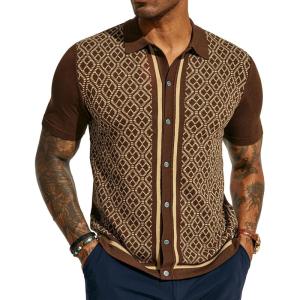 PJ PAUL JONES Men’s Polo Shirts 70s Vintage Shirts Contrast Knitted Polo Shirts(Coffee)