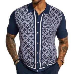 PJ PAUL JONES Men’s Polo Shirts 70s Vintage Shirts Contrast Knitted Polo Shirts(Dark Blue)