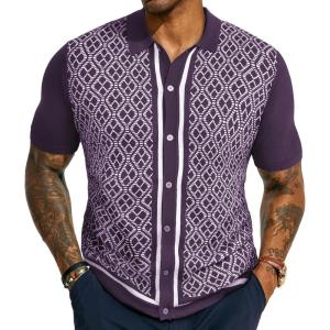 PJ PAUL JONES Men’s Polo Shirts 70s Vintage Shirts Contrast Knitted Polo Shirts(Purple)