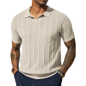 PJ PAUL JONES Mens Polo Shirts Regular Fit Textured V-Neck Knit Golf Polos(Apricot)