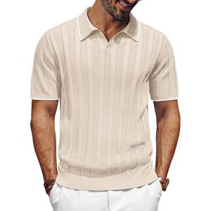 PJ PAUL JONES Mens Polo Shirts Regular Fit Textured V-Neck Knit Golf Polos(Apricot Contrast)