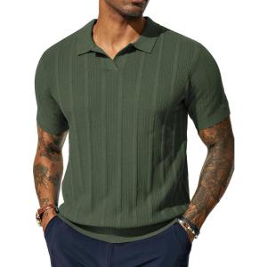 PJ PAUL JONES Mens Polo Shirts Regular Fit Textured V-Neck Knit Golf Polos(Army Green)