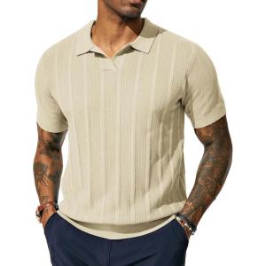 PJ PAUL JONES Mens Polo Shirts Regular Fit Textured V-Neck Knit Golf Polos(Beige)