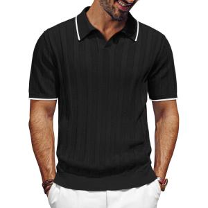PJ PAUL JONES Mens Polo Shirts Regular Fit Textured V-Neck Knit Golf Polos(Black Contrast)