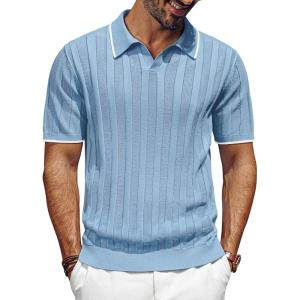 PJ PAUL JONES Mens Polo Shirts Regular Fit Textured V-Neck Knit Golf Polos(Blue Grey Contrast)