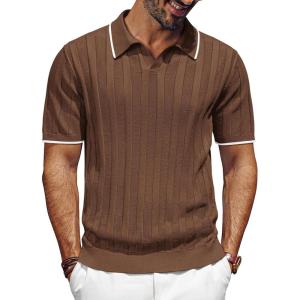 PJ PAUL JONES Mens Polo Shirts Regular Fit Textured V-Neck Knit Golf Polos(Coffee Contrast)