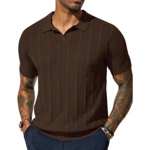 PJ PAUL JONES Mens Polo Shirts Regular Fit Textured V-Neck Knit Golf Polos(Dark Coffee)
