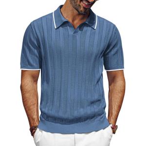 PJ PAUL JONES Mens Polo Shirts Regular Fit Textured V-Neck Knit Golf Polos(Indigo Contrast)