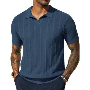 PJ PAUL JONES Mens Polo Shirts Regular Fit Textured V-Neck Knit Golf Polos(Indigo-blue)