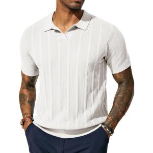 PJ PAUL JONES Mens Polo Shirts Regular Fit Textured V-Neck Knit Golf Polos(Ivory White)