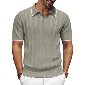 PJ PAUL JONES Mens Polo Shirts Regular Fit Textured V-Neck Knit Golf Polos(Khaki Contrast)
