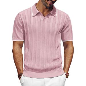 PJ PAUL JONES Mens Polo Shirts Regular Fit Textured V-Neck Knit Golf Polos(Leather Pink Contrast)