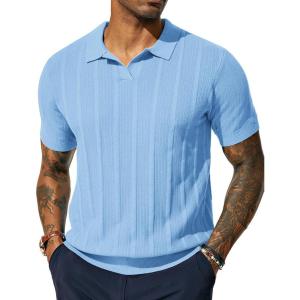 PJ PAUL JONES Mens Polo Shirts Regular Fit Textured V-Neck Knit Golf Polos(Light Blue)