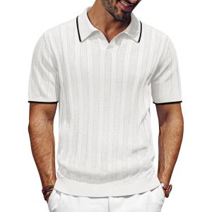 PJ PAUL JONES Mens Polo Shirts Regular Fit Textured V-Neck Knit Golf Polos(Lvory Contrast)