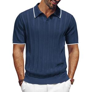 PJ PAUL JONES Mens Polo Shirts Regular Fit Textured V-Neck Knit Golf Polos(Navy Blue Contrast)