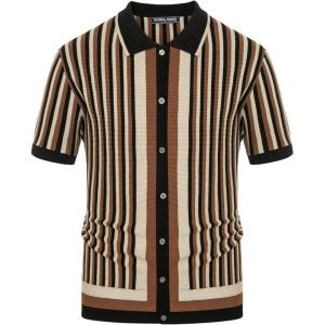PJ PAUL JONES Men’s Polo Shirts Retro Knit Shirt Vintage Striped Shirt(Black-coffe)