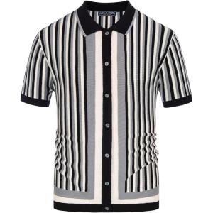 PJ PAUL JONES Men’s Polo Shirts Retro Knit Shirt Vintage Striped Shirt(Black-grey)