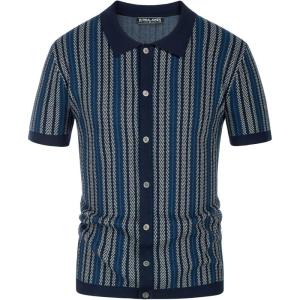 PJ PAUL JONES Men’s Polo Shirts Retro Knit Shirt Vintage Striped Shirt(Blue)