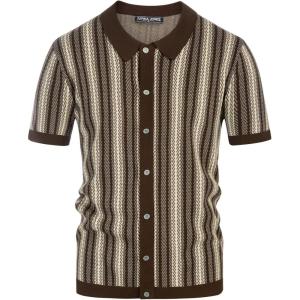 PJ PAUL JONES Men’s Polo Shirts Retro Knit Shirt Vintage Striped Shirt(C Brown)