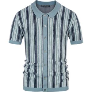 PJ PAUL JONES Men’s Polo Shirts Retro Knit Shirt Vintage Striped Shirt(Grey Blue)
