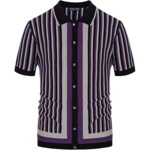 PJ PAUL JONES Men’s Polo Shirts Retro Knit Shirt Vintage Striped Shirt(Purple)