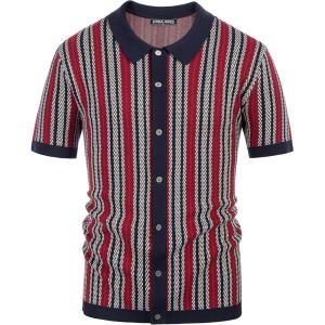 PJ PAUL JONES Men’s Polo Shirts Retro Knit Shirt Vintage Striped Shirt(Red Blue)