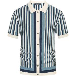 PJ PAUL JONES Men’s Polo Shirts Retro Knit Shirt Vintage Striped Shirt(White-blue)