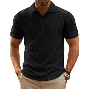 PJ PAUL JONES Mens Polo Shirts Short Sleeve Casual Collared Shirts Textured Stretchy Golf Shirts(Black)