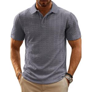 PJ PAUL JONES Mens Polo Shirts Short Sleeve Casual Collared Shirts Textured Stretchy Golf Shirts(Deep Grey)