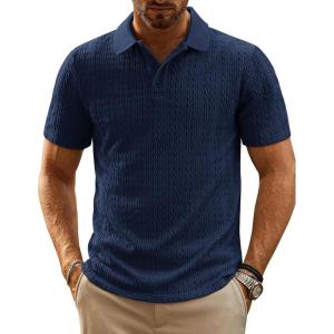 PJ PAUL JONES Mens Polo Shirts Short Sleeve Casual Collared Shirts Textured Stretchy Golf Shirts(Navy Blue)