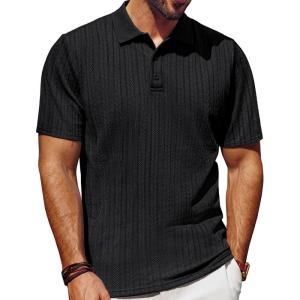 PJ PAUL JONES Mens Polo Shirts Short Sleeve Fashion Textured Polo Shirt Regular Fit Stretchy Golf Shirts(Black)