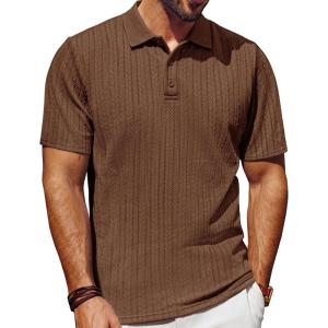 PJ PAUL JONES Mens Polo Shirts Short Sleeve Fashion Textured Polo Shirt Regular Fit Stretchy Golf Shirts(Brown)