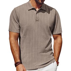 PJ PAUL JONES Mens Polo Shirts Short Sleeve Fashion Textured Polo Shirt Regular Fit Stretchy Golf Shirts(Khaki)