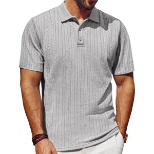 PJ PAUL JONES Mens Polo Shirts Short Sleeve Fashion Textured Polo Shirt Regular Fit Stretchy Golf Shirts(Light Grey)