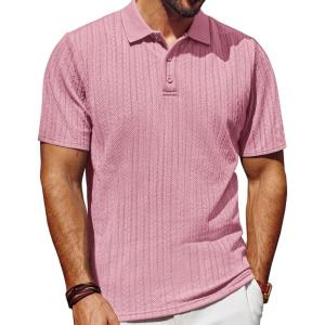 PJ PAUL JONES Mens Polo Shirts Short Sleeve Fashion Textured Polo Shirt Regular Fit Stretchy Golf Shirts(Pink)