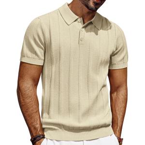PJ PAUL JONES Mens Polo Shirts Short Sleeve Textured Knit Polo Shirt Ribbed Casual Golf Shirts(Apricot)