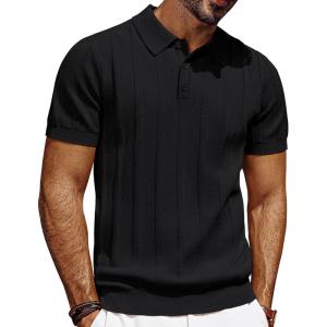 PJ PAUL JONES Mens Polo Shirts Short Sleeve Textured Knit Polo Shirt Ribbed Casual Golf Shirts(Black)